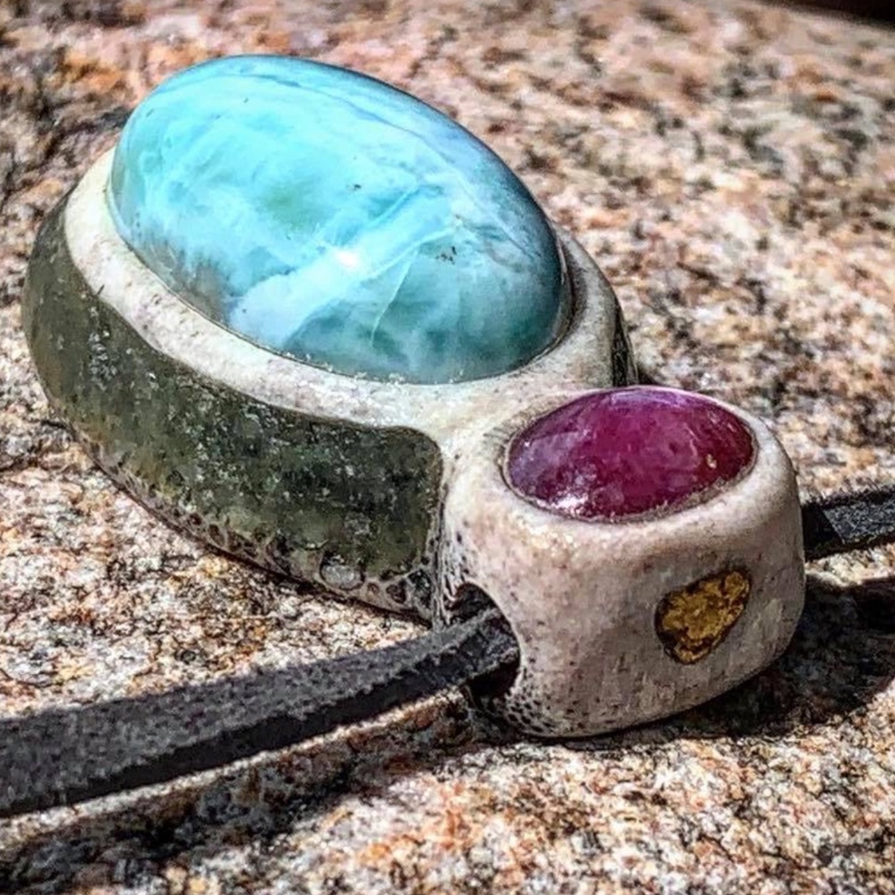 Natural shed elk antler pendant, Larimar, star ruby, crushed moldavite, gold